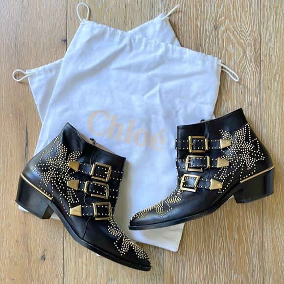 CHLOE Susanna Studded Leather Ankle Boots Black Gold 37.5 - Picture 2 of 10